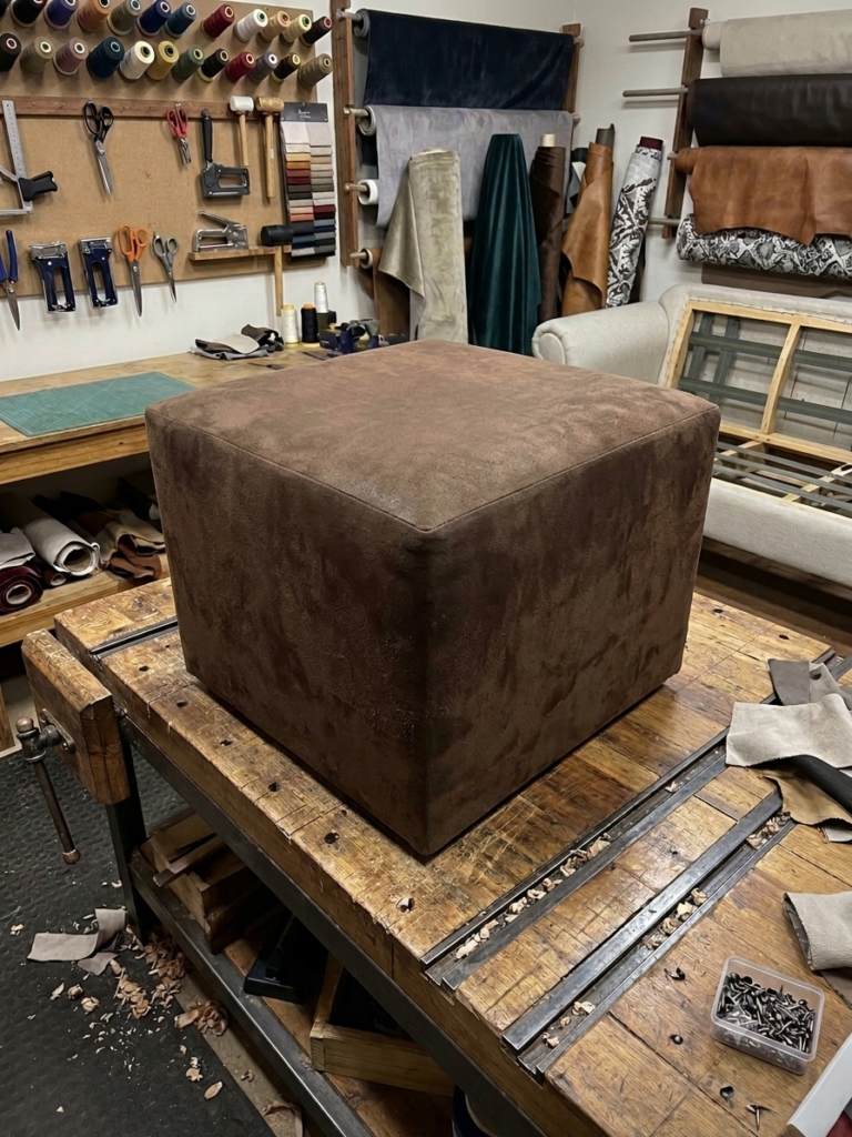 Puff 70x70x45 em Suede Marrom para ser reformado.